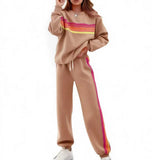 Ensemble sweat rayé arc-en-ciel pantalon large femme – Marron Foncé