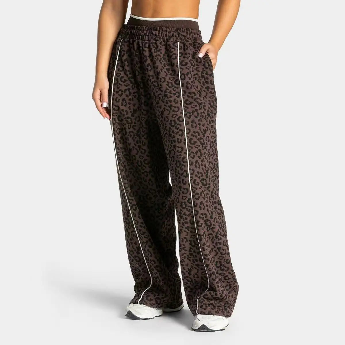 Pantalon large imprimé léopard femme respirant yoga – Marron