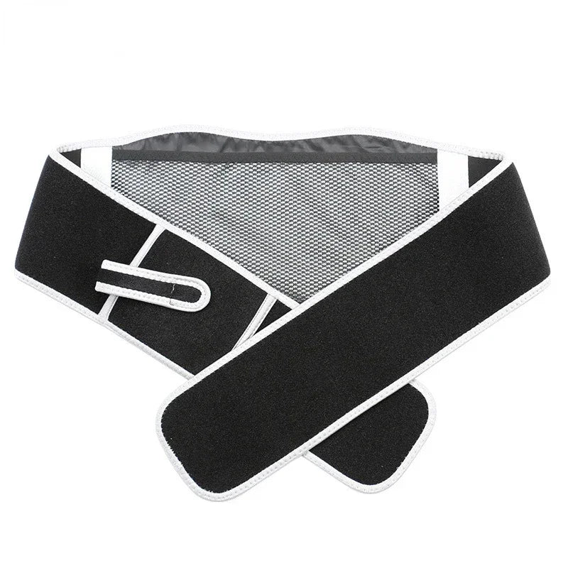 Ceinture lombaire chauffante noire avec design ergonomique et bandes blanches contrastantes, vue de face