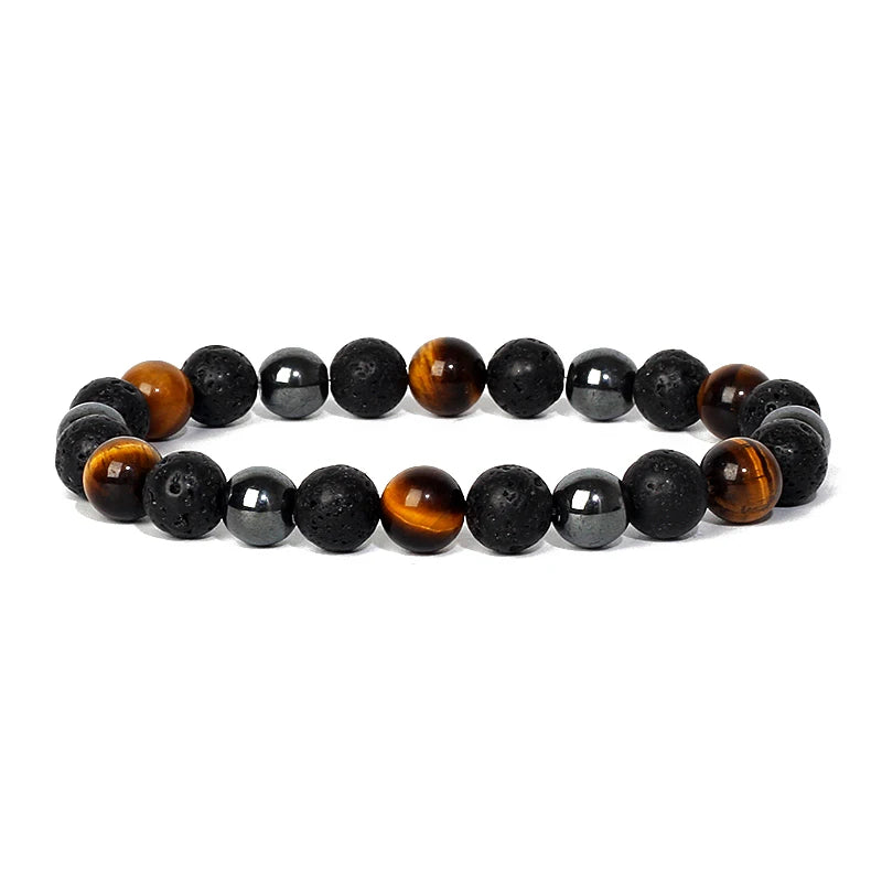 Bracelet magnetique pour maigrir avec perles oeil de tigre, hematite et pierre de lave noire, elegant et ajustable