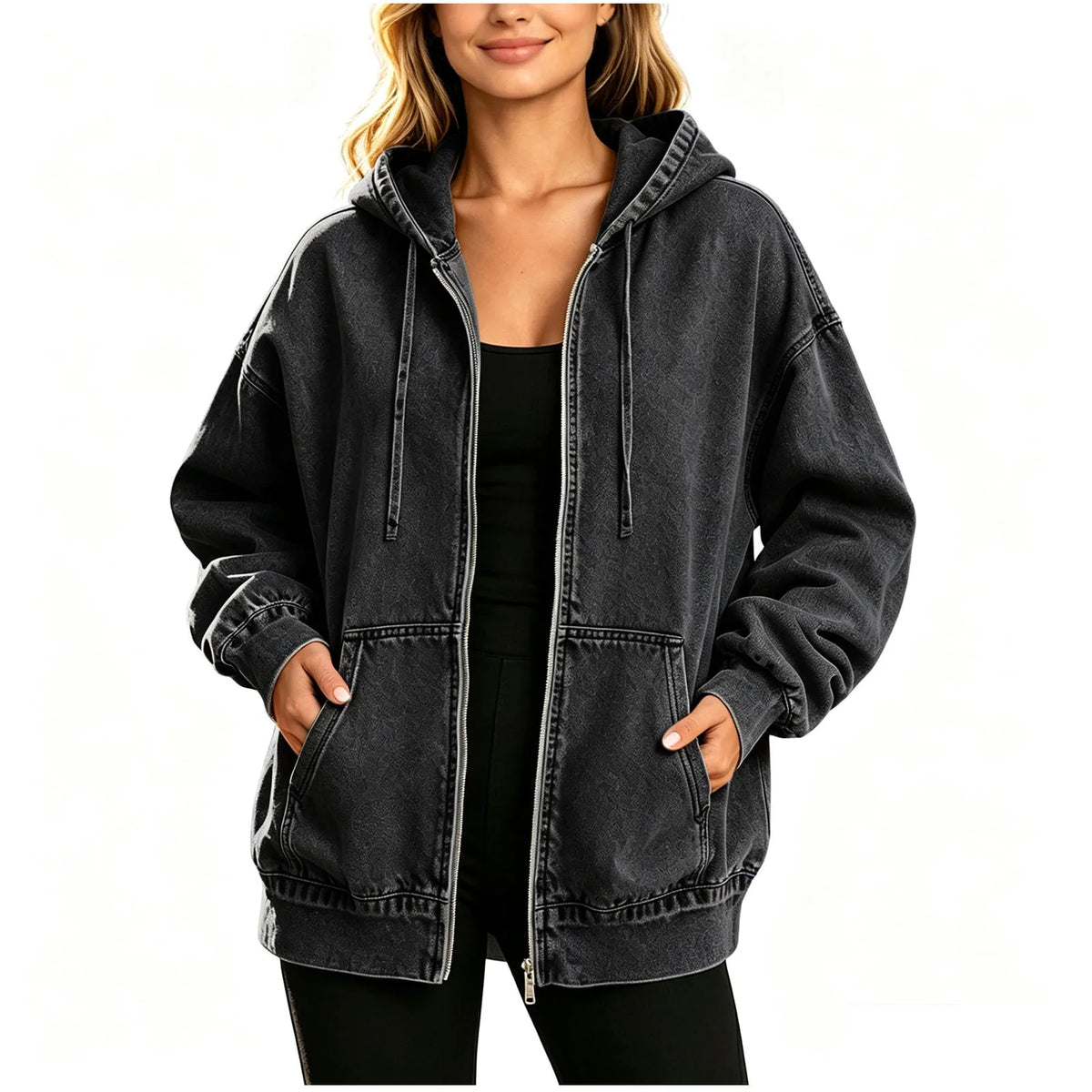 Veste denim bleu femme capuche oversize poches – Noir