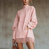 Robe courte velours col montant manches longues franges – Rose