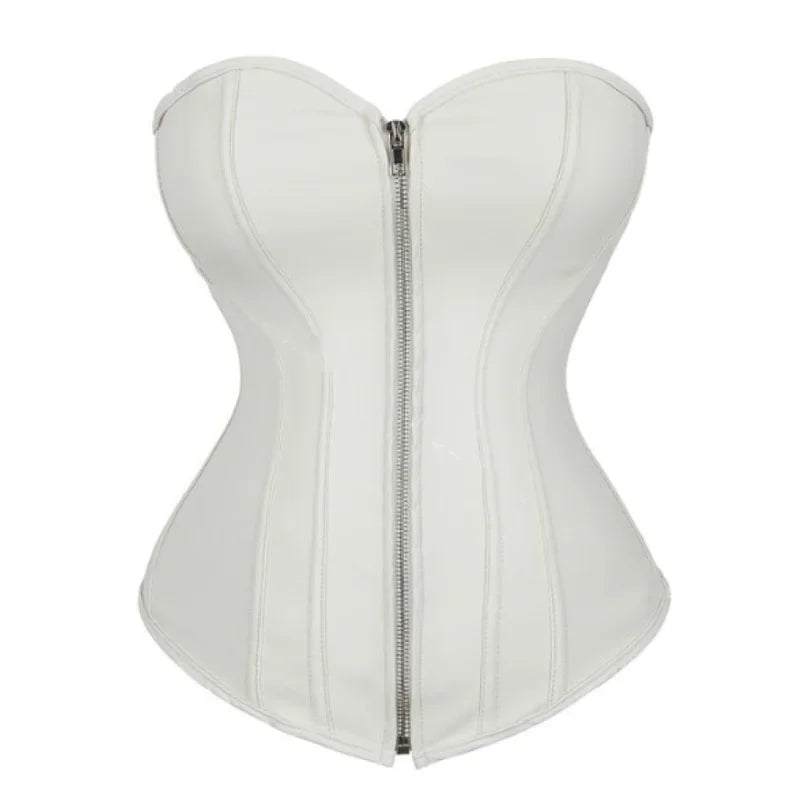 Corset Latex Bustier blanc avec zip avant, design élégant pour sublimer la silhouette avec confort et style.
