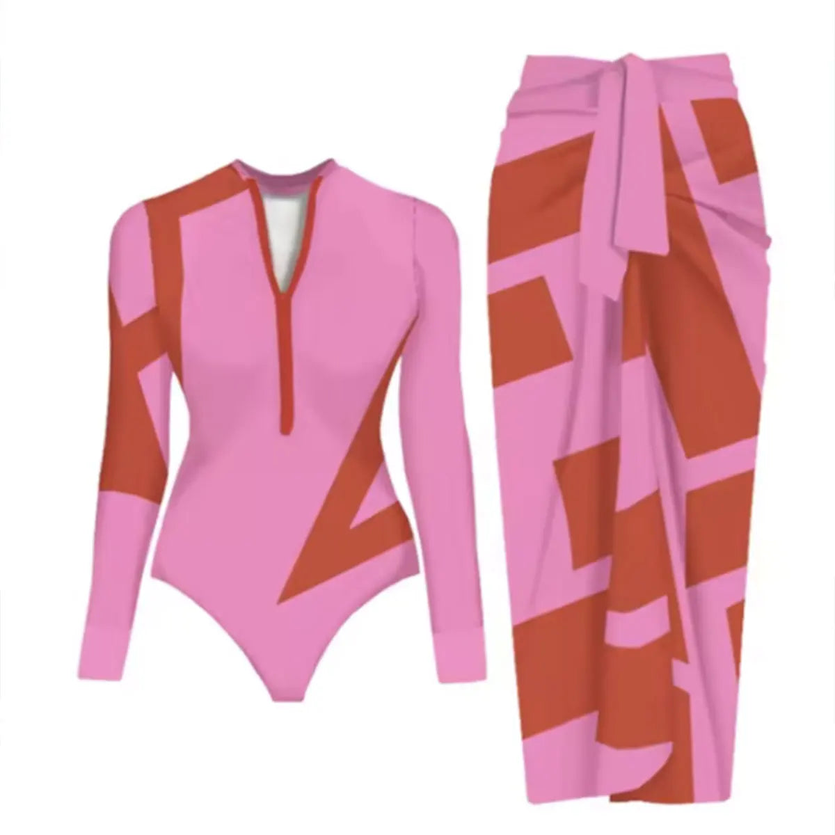 Ensemble Maillot de Bain Manches Longues et Jupe Paréo