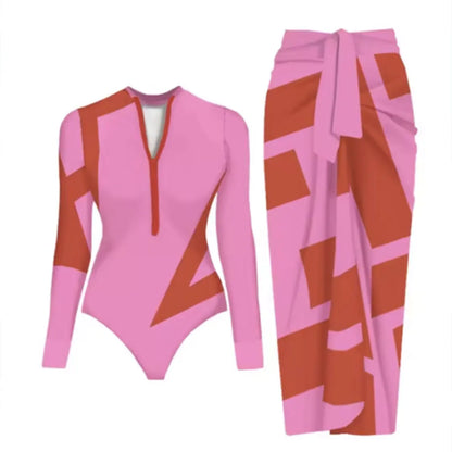 Ensemble Maillot de Bain Manches Longues et Jupe Paréo