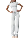Ensemble femme top manches courtes et pantalon long gris – Gris Clair