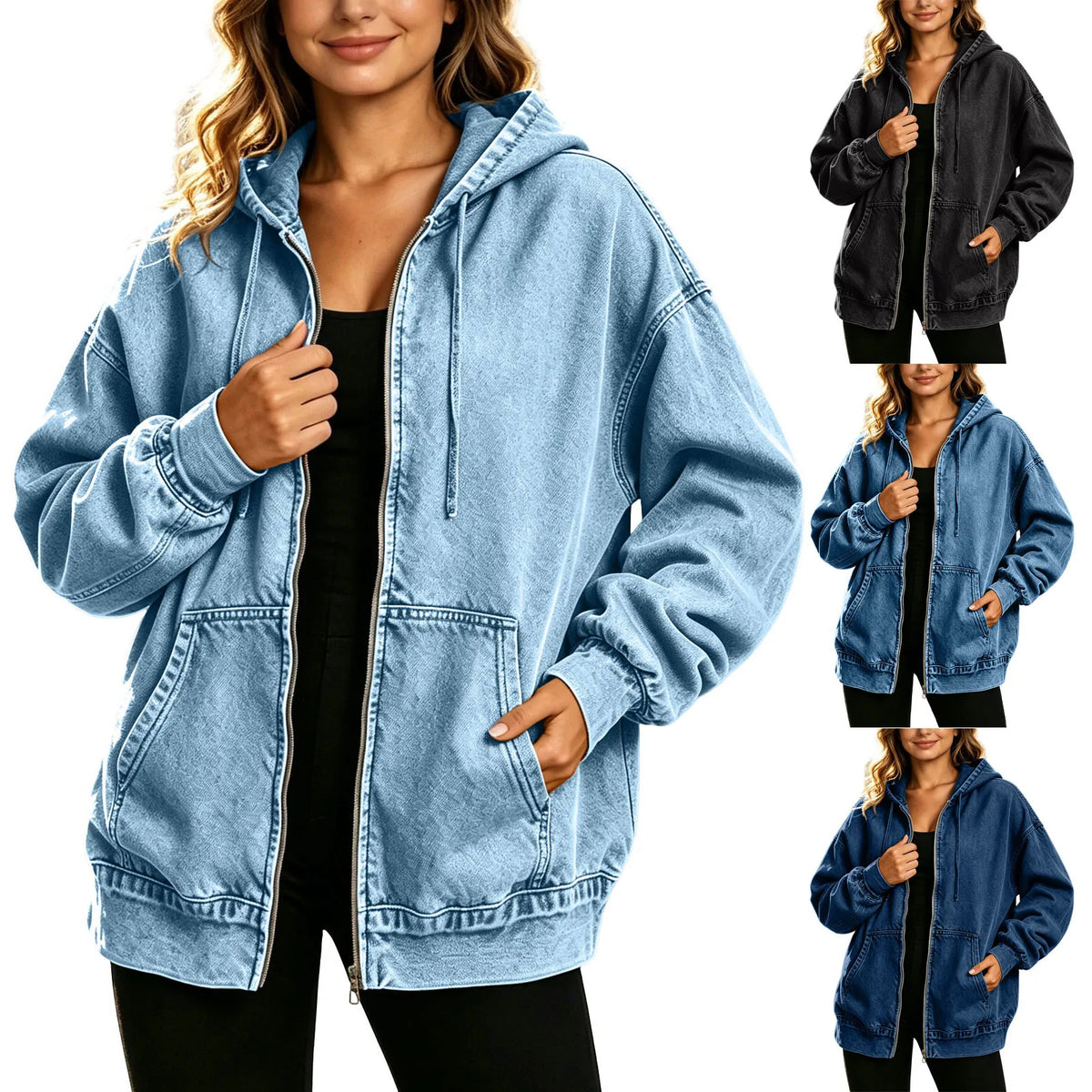Veste denim bleu femme capuche oversize poches 5
