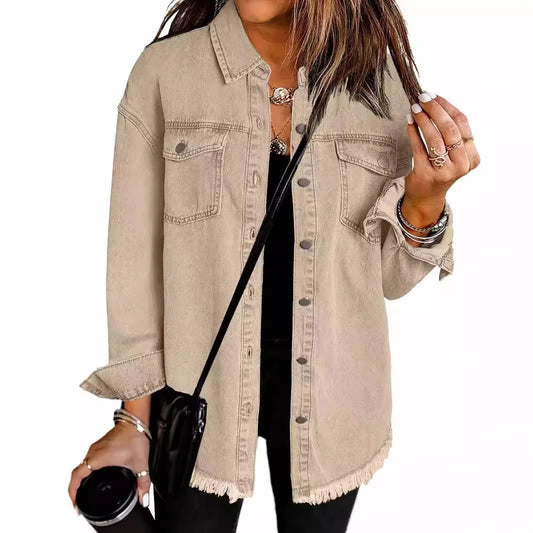 Veste en denim délavé femme col chemise effiloché
