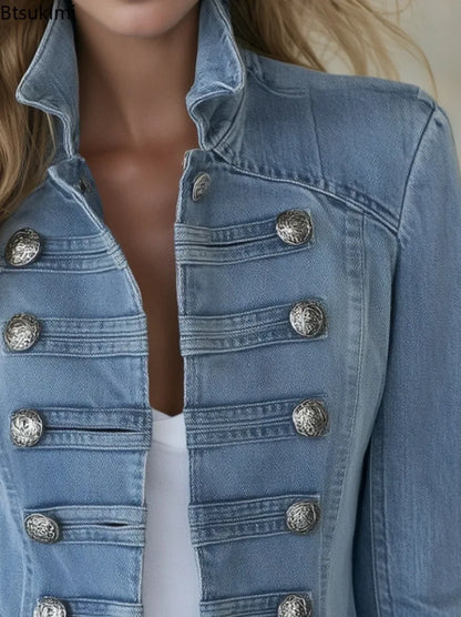 Veste en denim femme col montant boutons métal bleu clair 2