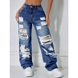 Jean femme taille haute déchiré jambe droite – Bleu Foncé