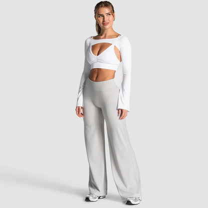 Pantalon large femme taille haute push up blanc 5