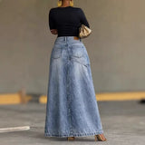 Jupe longue denim taille haute fendue asymétrique femme 3