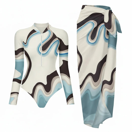 Ensemble Maillot de Bain Manches Longues Zippé et Paréo