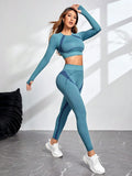 Ensemble Legging Fitness Bleu Manches Longues Effet Gainant