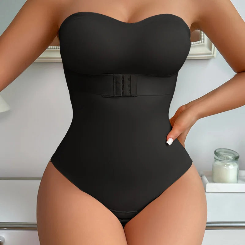 Body gaine sans bretelle noir elegant, coupe bustier avec ceinture amincissante, modelant la silhouette feminine