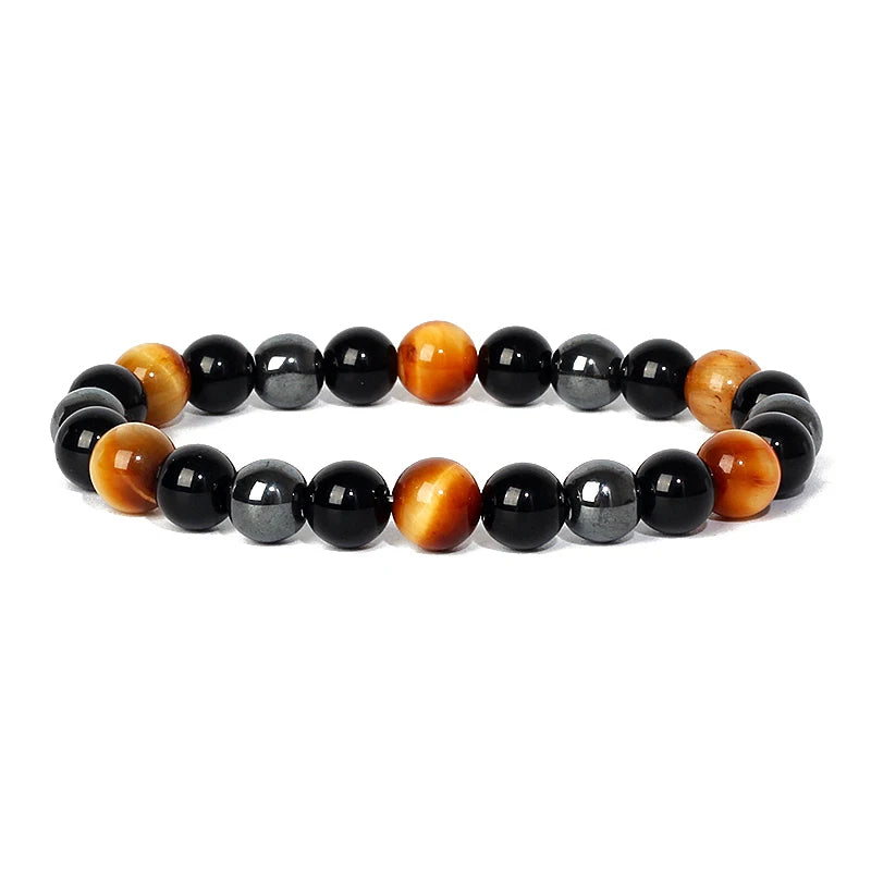 Bracelet magnetique pour maigrir avec perles d'oeil de tigre et d'hematite noire, elegant et ajustable pour hommes