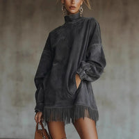Robe courte velours col montant manches longues franges – Noir