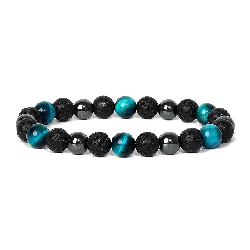 Bracelet magnetique pour maigrir homme avec perles noires en lave et oeil de tigre bleu turquoise, elegant et ajustable