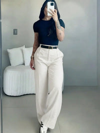 Pantalon femme taille haute jambe droite ceinture – Blanc