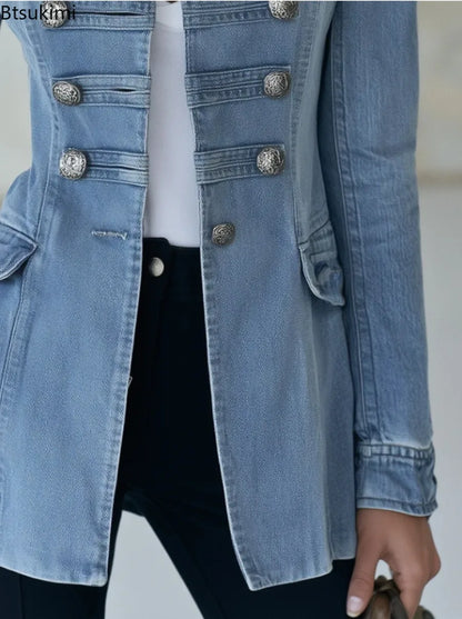 Veste en denim femme col montant boutons métal bleu clair 3