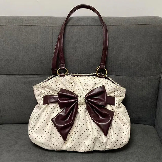 Sac à main femme pois noeud bordeaux vintage – Blanc Crème