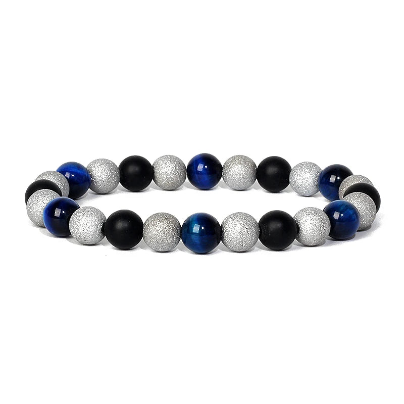 Bracelet Magnetique pour Maigrir Homme avec perles argentees, noires et bleues elegamment alternees