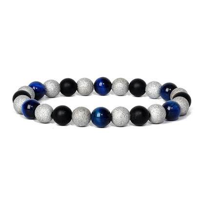 Bracelet Magnetique pour Maigrir Homme avec perles argentees, noires et bleues elegamment alternees
