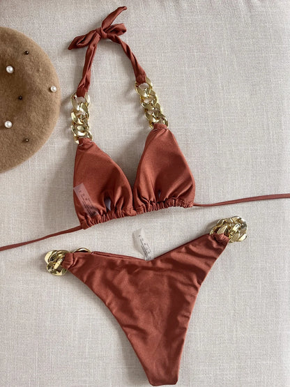 Bikini Triangle à Nouer Autour du Cou Orné de Chaîne Femme