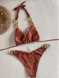 Bikini Triangle à Nouer Autour du Cou Orné de Chaîne Femme