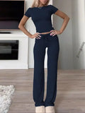 Ensemble femme top manches courtes et pantalon long gris – Bleu Marine