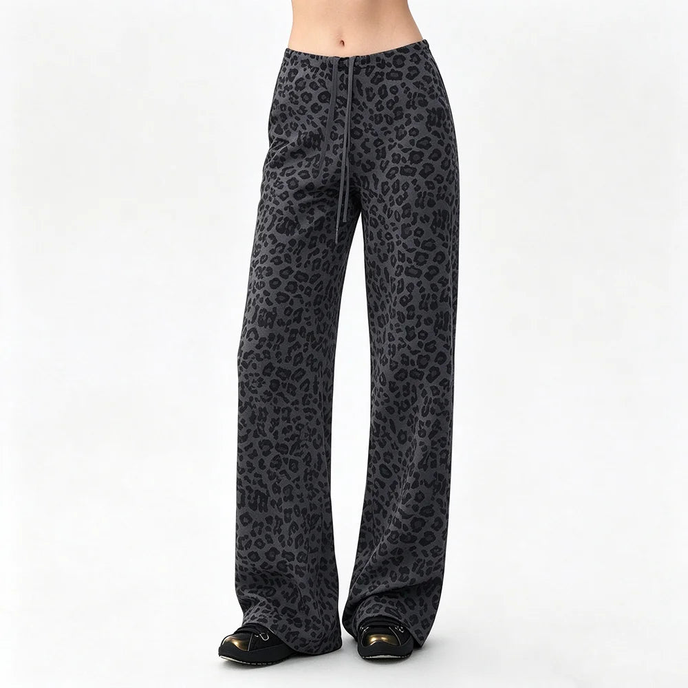 Pantalon imprimé léopard taille haute femme large – Noir