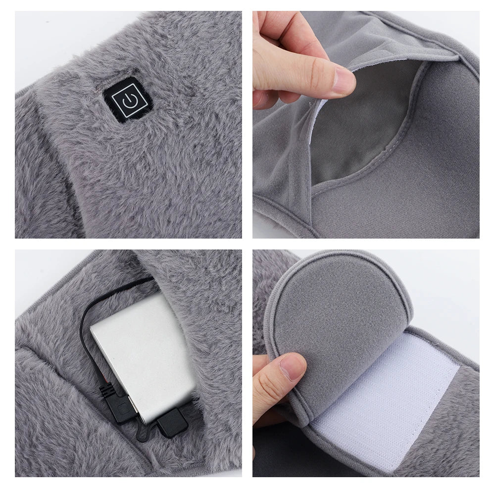 Bouillotte ceinture regles grise en velours avec fonction chauffante, details du materiel doux et compartiment batterie integre