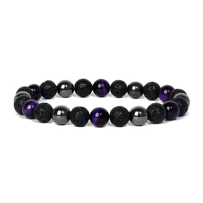 Bracelet magnetique pour maigrir homme avec perles en pierre de lave noire, hematite et oeil de tigre violet
