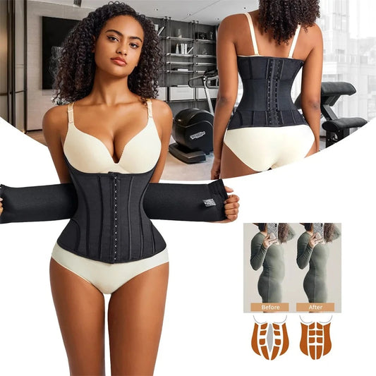 Ceinture Abdominale Ventre Plat noire, portee avec sous-vetements beiges, montrant l'effet amincissant et le maintien optimal du corset