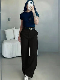 Pantalon femme taille haute jambe droite ceinture – Noir