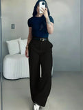 Pantalon femme taille haute jambe droite ceinture – Noir
