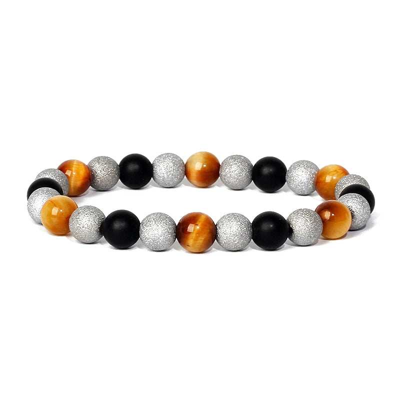 Bracelet magnetique pour maigrir homme avec perles oeil de tigre, hematite noire et argent texturee