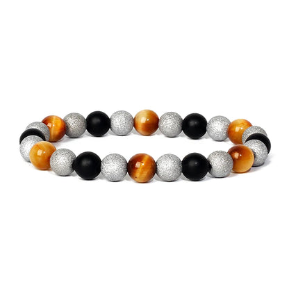 Bracelet magnetique pour maigrir homme avec perles oeil de tigre, hematite noire et argent texturee