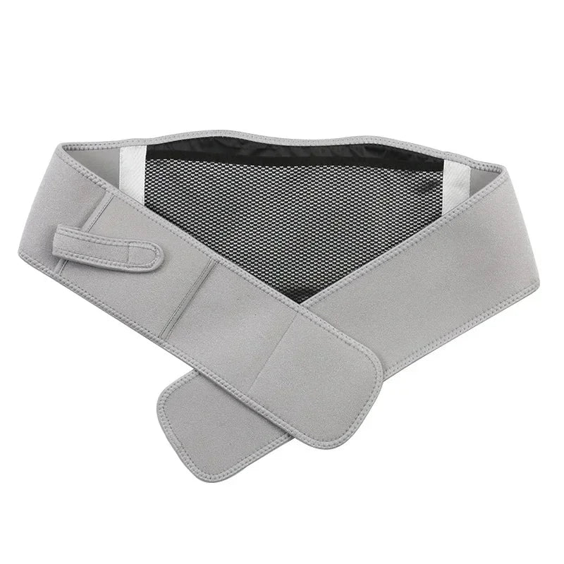 Ceinture lombaire chauffante grise avec technologie massage, fermeture velcro et design ergonomique pour le dos
