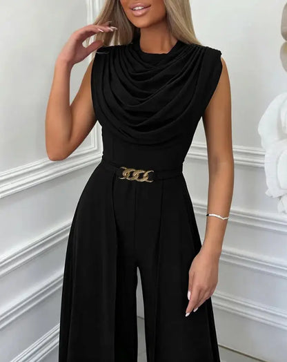 Combinaison femme col châle jambes larges ceinture dorée 3