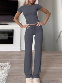 Ensemble femme top manches courtes et pantalon long gris – Gris Foncé