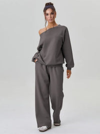 Ensemble femme sweat épaule dénudée et pantalon ample – Gris