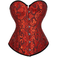 Corset Vert Vintage style rétro en tissu brodé rouge, corset ajusté avec fermeture à l'avant et silhouette élégante.