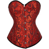 Corset Vert Vintage style rétro en tissu brodé rouge, corset ajusté avec fermeture à l'avant et silhouette élégante.
