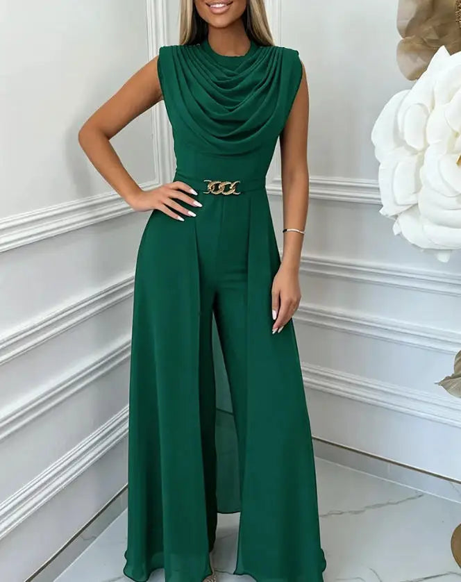 Combinaison femme col châle jambes larges ceinture dorée – C