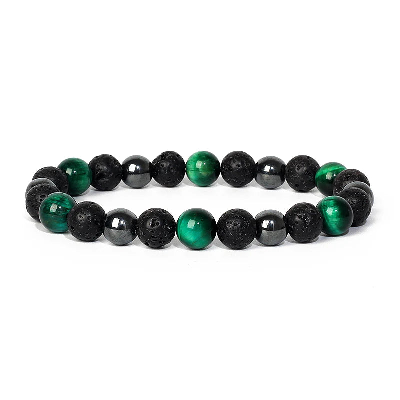 Bracelet Magnetique pour Maigrir avec perles en pierre de lave noire, hematite et oeil de tigre vert, style elegant