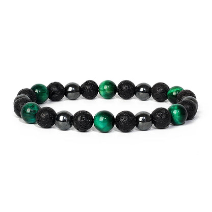 Bracelet Magnetique pour Maigrir avec perles en pierre de lave noire, hematite et oeil de tigre vert, style elegant