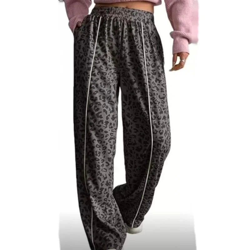 Pantalon femme imprimé léopard bande blanche casual – Gris Foncé