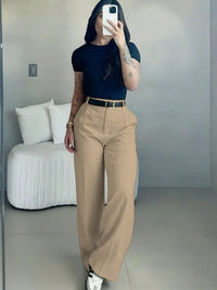 Pantalon femme taille haute jambe droite ceinture – Kaki