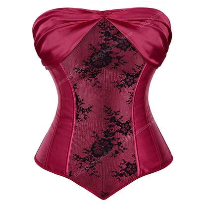 Corset Gothique rouge bordeaux avec dentelle noire, élégance gothique et maintien confortable pour toutes occasions.